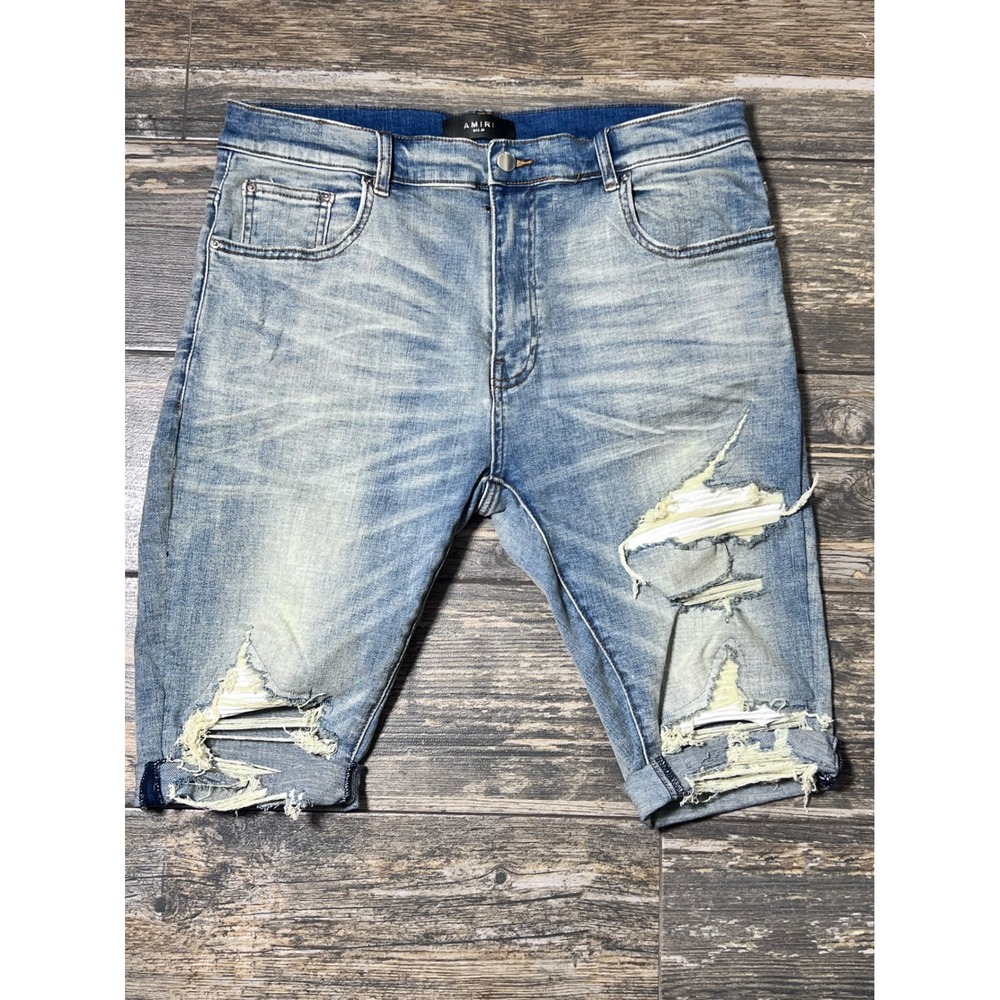 AMIRI Distressed Denim Shorts Size 36 Light Wash Ripped Knee‎ Length Bermuda EUC